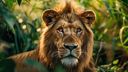 Fototapeta premium African lion peering through dense foliage, its golden eyes exuding strength and determination. Perfect for wildlife photography and conservation campaigns.