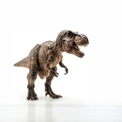 Fototapeta premium Tyrannosaurus Rex toy is showcased against a white background, highlighting its realistic texture and fierce expression. This model is perfect for dinosaur enthusiasts and collectors alike.