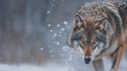 Obraz premium A fierce wolf moves silently through the snowy terrain, its gaze unwavering and determined. The icy landscape accentuates the wolf’s predatory instincts and the harsh beauty of its environment.