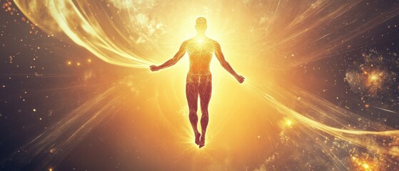 Naklejka premium A glowing figure radiates energy in a cosmic background, symbolizing enlightenment and spiritual ascension.