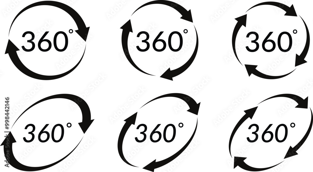 Poster set of 360 degrees view. 360 degree rotate arrow symbol vector illustration.