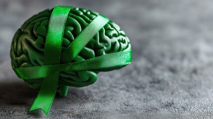 Brain with a green ribbon, representing mental health care and psychological well-being for World Mental Health Day