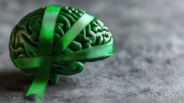 Brain with a green ribbon, representing mental health care and psychological well-being for World Mental Health Day