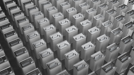 Obraz premium Top view of many metal tin cans rectangular shape with screw cap and handle. 3d illustration on gray background