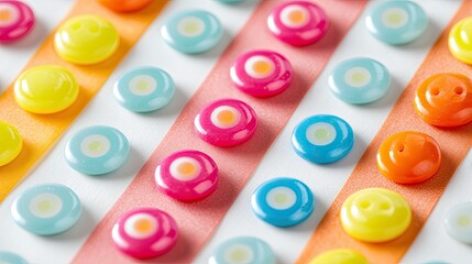 Bright candy buttons on a strip of paper, their colorful dots arranged in a cheerful, playful close-up pattern