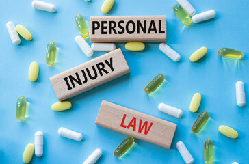 Personal Injury Law symbol. Concept words Personal Injury Law on wooden blocks. Beautiful blue background with pills. Healthcare and Personal Injury Law concept. Copy space.