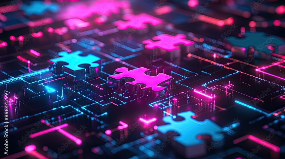 Poster bright neon puzzle pieces aligning on a high-tech digital platform, representing api integration and