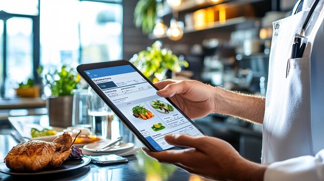 Chef Looking at Menu on Digital Tablet.