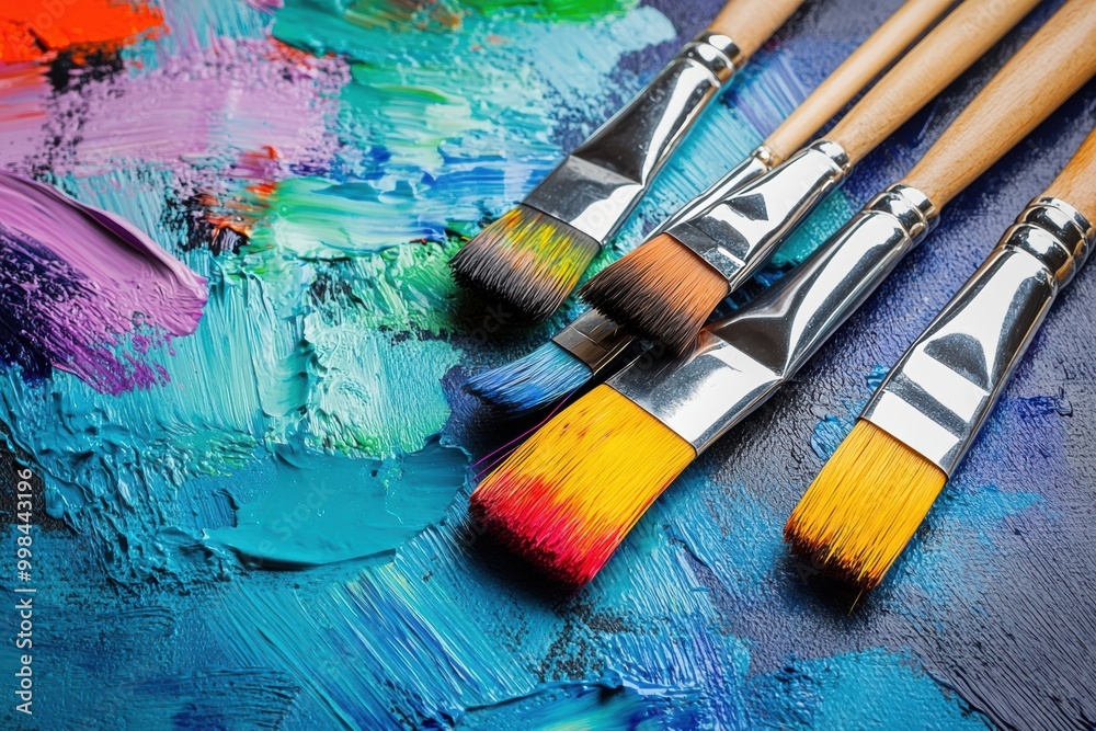 Aufkleber Bright splashes of color fill a palette while paintbrushes lie on a canvas showcasing lively abstract brushstrokes in a studio. Generative AI