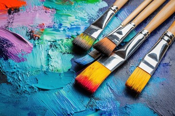 Fototapeta premium Bright splashes of color fill a palette while paintbrushes lie on a canvas showcasing lively abstract brushstrokes in a studio. Generative AI