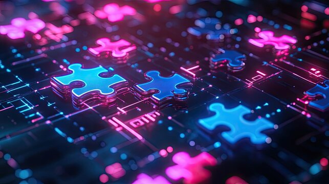 Bright neon puzzle pieces assembling on a high-tech digital screen, representing seamless API integration in modern tech