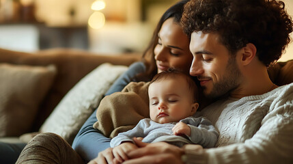 Fototapeta premium Family embracing moment, cozy atmosphere with sleeping baby, soft light.