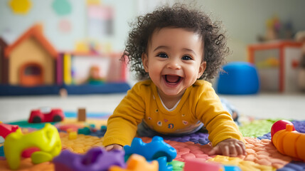 Happy baby playing on colorful mat with toys, joyful expression, indoor setting