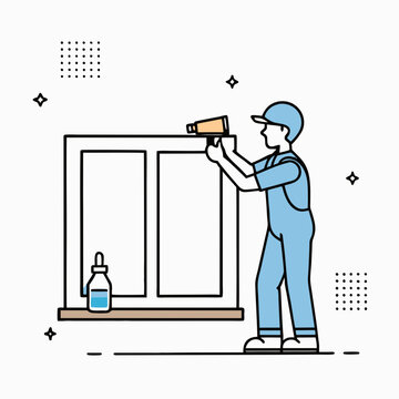 recommend clip art: Minimalist illustration of a worker installing a window, cartoon style