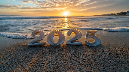 Beautiful beach at sunrise with seashells and 2025 in sand
