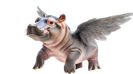 A baby hippo with tiny wings trying to fly, isolated on a white background