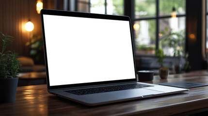 A modern laptop sits on wooden desk in cozy workspace, surrounded by plants and warm lighting, creating an inviting atmosphere for productivity and creativity.