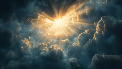 Light Through the Darkness , Rays of light break through dark, swirling cloud.