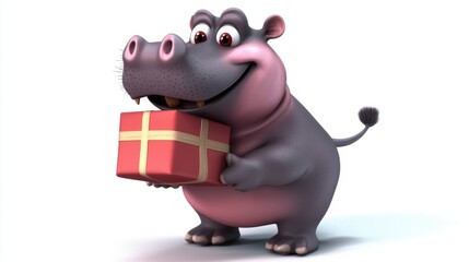 Naklejka premium A cartoon hippo carrying a gift box on its back, isolated on a white background