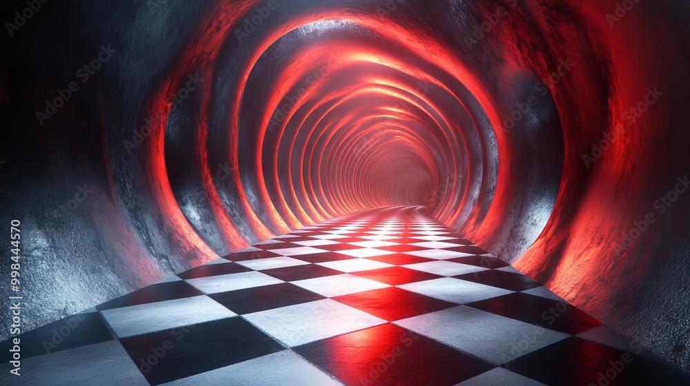 Poster A long tunnel with red walls and a checkered floor