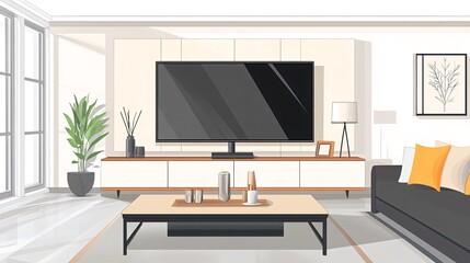 A modern living room interior with a large flat-screen TV, a black sofa, a coffee table, and a floor lamp.