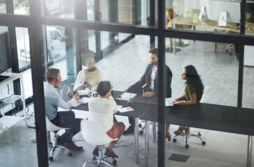 Business people, meeting and above with teamwork in office, talk and feedback for project....