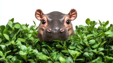 A cute baby hippo peeking out of a bush with wide eyes, isolated on a white background