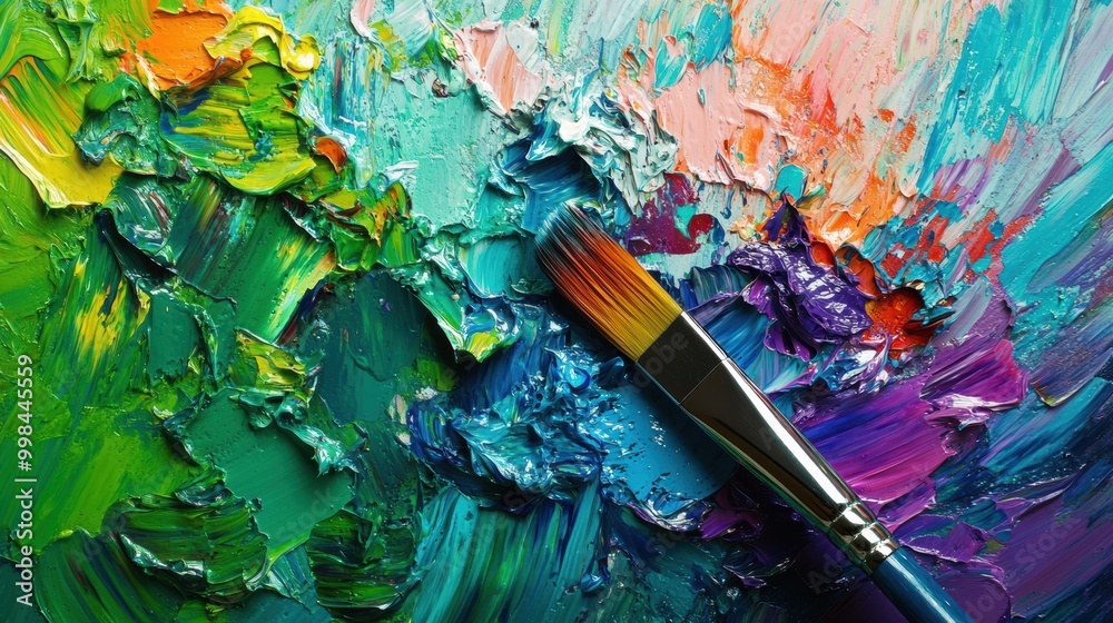 Aufkleber a colorful palette sits beside a canvas, with paintbrushes layering bright strokes of paint, capturi