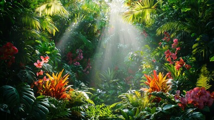 Lush Tropical Jungle with Rays of Sunlight