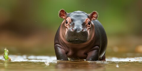 A close-up of a hippo walking through shallow water in its natural habitat, showcasing its unique features.