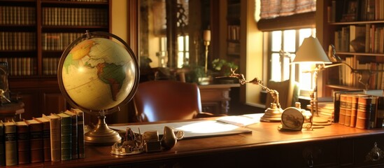 A Study in Gold: Globe, Books, and Lamp on a Wooden Desk