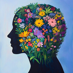Inner Garden, Within the silhouette of a person's head, a lush garden flourishes with vibrant flowers and greenery. 1:1 ratio