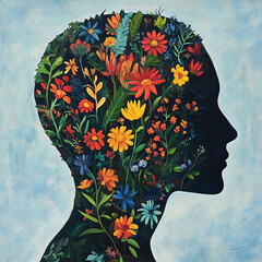 Inner Garden, Within the silhouette of a person's head, a lush garden flourishes with vibrant flowers and greenery. 1:1 ratio