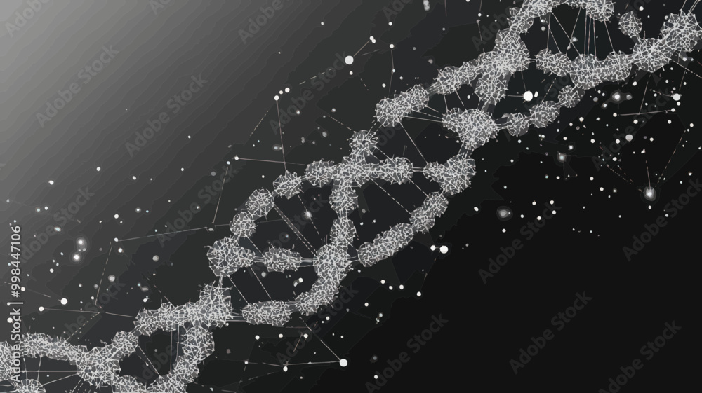 Poster grey abstract dna with polygon line and connecting dots on black background - polygonal space low po