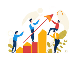 Business Team Cooperation to Drive Growth, Teamwork to Increase Performance and Support Business Success, Minimalist Flat Vector Illustration of Businesspeople Pushing Arrow Upward on Bar Graph
