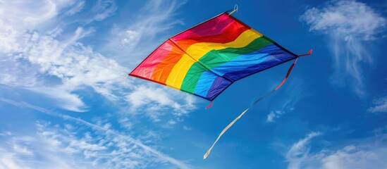 A Single Multicolor Rainbow Colorful Handmade Diy Kite Flies Isolated In The Blue Sky Concept Of Freedom