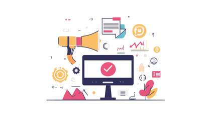Flat Design Vector for Digital Marketing Special Offer with Computer, Megaphone, Analytics, and Modern Business Elements