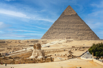 The Sphinx and Pyramid against the background of a beautiful blue sky ,Cairo,Egypt