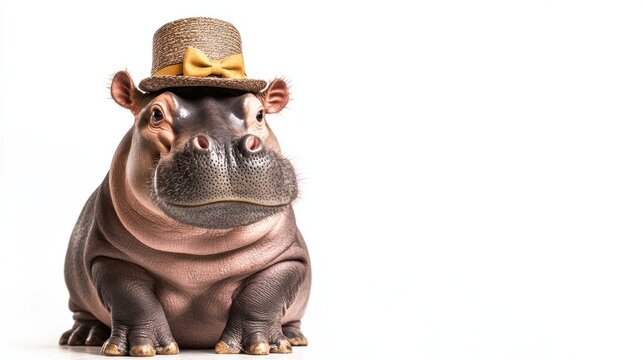 recommend clip art: A playful hippo with a tiny hat and bow tie, isolated on a white background
