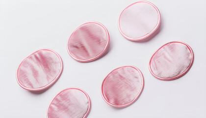 Pink under eye patches on white background, top view. Cosmetic product