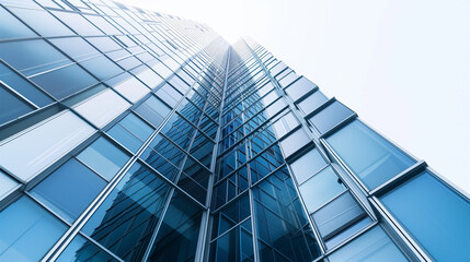 Obraz premium Blue glass skyscraper against clear sky, impressive modern architecture, symbol of business development