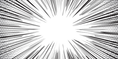 Manga background. Comic anime black lines on white. Fast speed lines movement effect frame. Superhero action. Horizontal vector illustration.