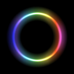 Neon light laser circle in white, yellow, red, pink, blue and green colors. Vector night realistic electric fluorescent led light bar isolated on black background.