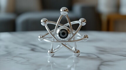 An artistic representation of an atomic structure sits on a smooth marble surface