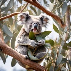 Fototapeta premium Koala stading in a eucalyptus tree and eating its leaves