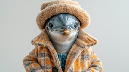 A dolphin wears a stylish coat and hat, showcasing a whimsical winter vibe