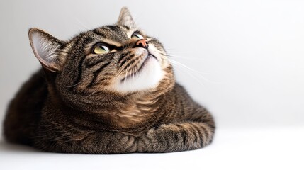 Obraz premium The tabby cat lies comfortably while observing its surroundings with curiosity