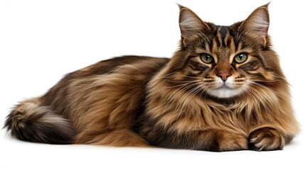 The regal Maine Coon cat relaxes, showcasing its luxurious fur and striking green eyes