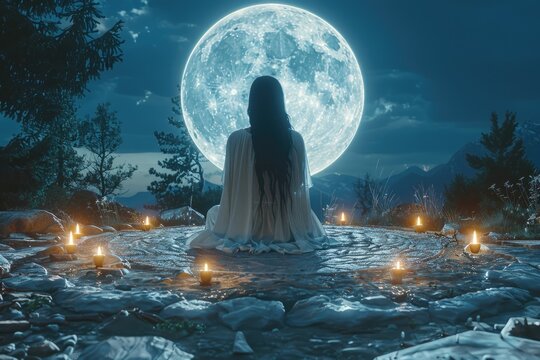 Wiccan Priestess in Circle A Wiccan priestess in ceremonial robes performing a ritual