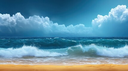 Fototapeta premium A rainy day at the beach, waves crashing under dark clouds